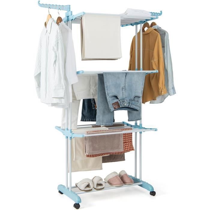 Etendoir à linge Mobile 4 Niveaux COSTWAY-Séchoir à linge à Roulette Pliable-Aile Latérale-2 Porte-Cintres-Porte-Chaussures-Bleu