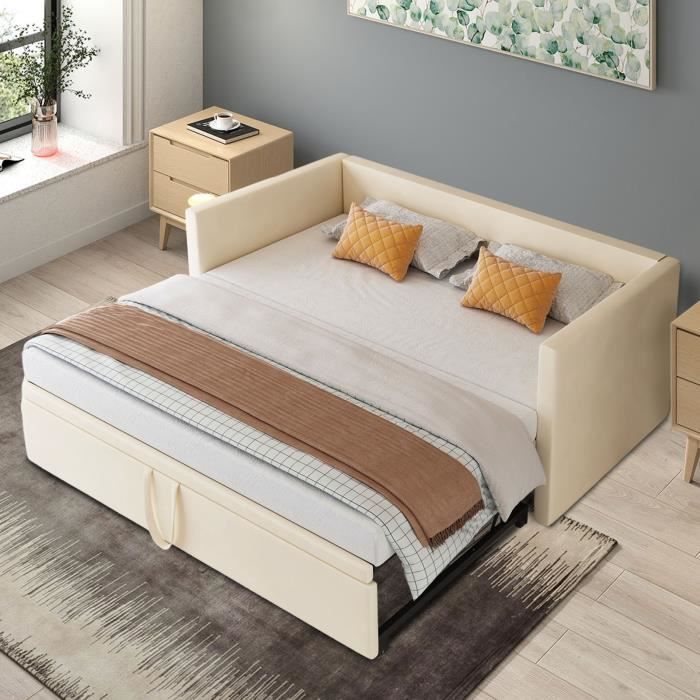 Canapé-lit gigogne en velours beige - DREAMMESPACE - 90-180x200cm - Sommier à lattes - Bois massif