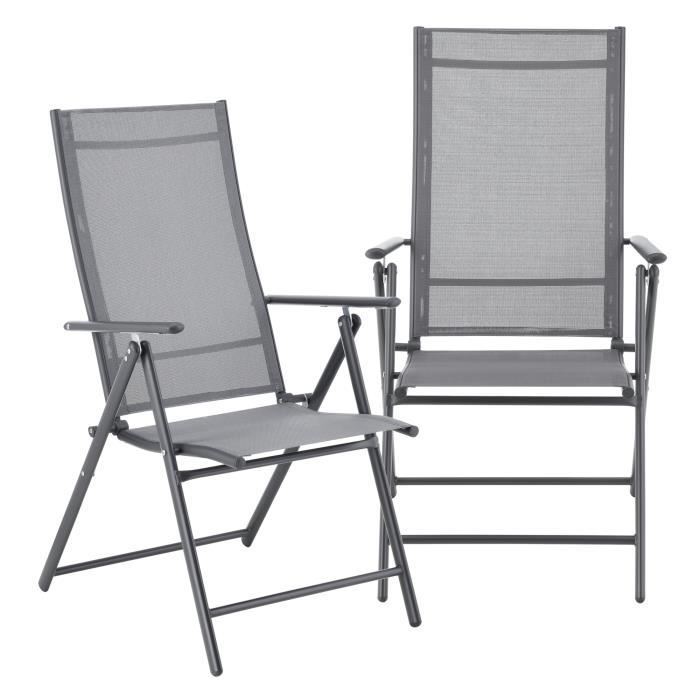 Lot de 2 Fauteuils de Jardin avec Accoudoirs et Dossier Acier Polyester Gris Clair et Foncé
