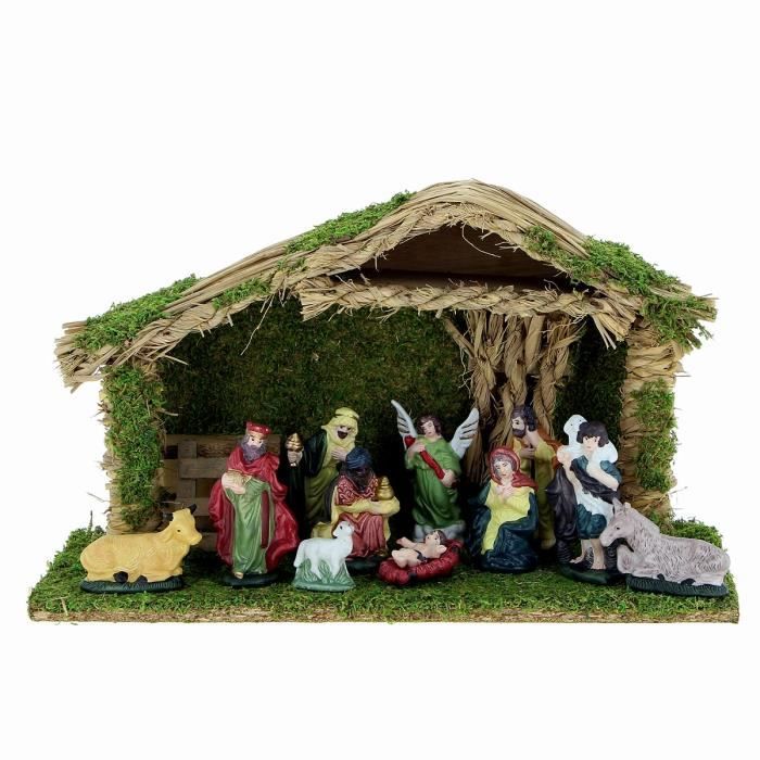 Crèche de noël avec 11 santons en porcelaine - Dimensions 38.5x14.5x22