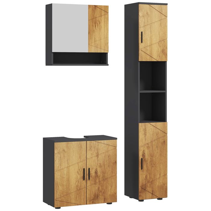 KLEANKIN Ensemble de meubles de salle de bain -  - 3 pi&egrave;ces - avec &eacute;tag&egrave;res r&eacute;glables niches ouvertes placards - ch&ecirc;ne gris fonc&eacute; 