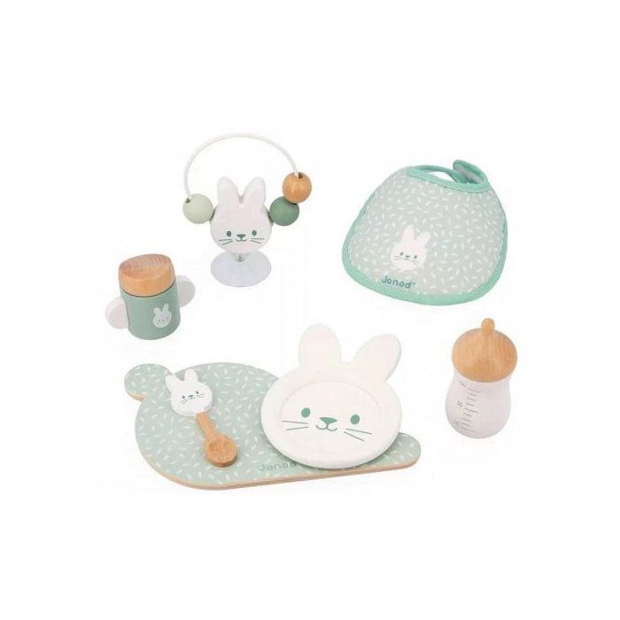 Coffret Repas et Jouet 7 accessoires pour poupon et poupee - Bois et tissu Collection Lapin Zen - Set Jeu imitation fille et carte Coffret Repas et Jouet 7 accessoires pour poupon et poupee - Bois et tissu Collection Lapin Zen - Set Jeu imitation fille et carte