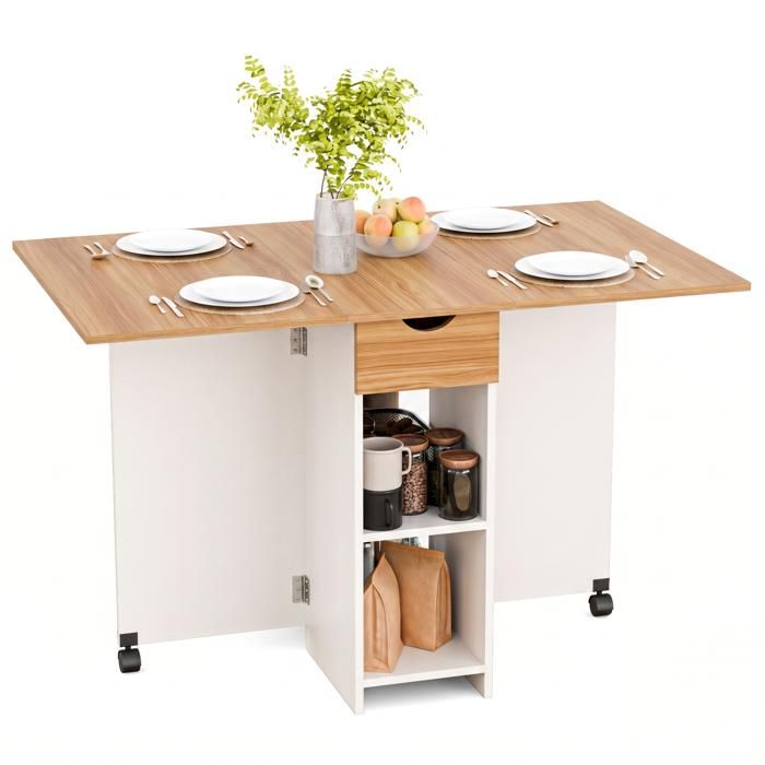 Mondeer Table à Manger Pliable Table pliante avec 1 Tiroir et 2 EtagèresTable de Cuisine Pour Petit Espace Chêne Rouge et Blanc