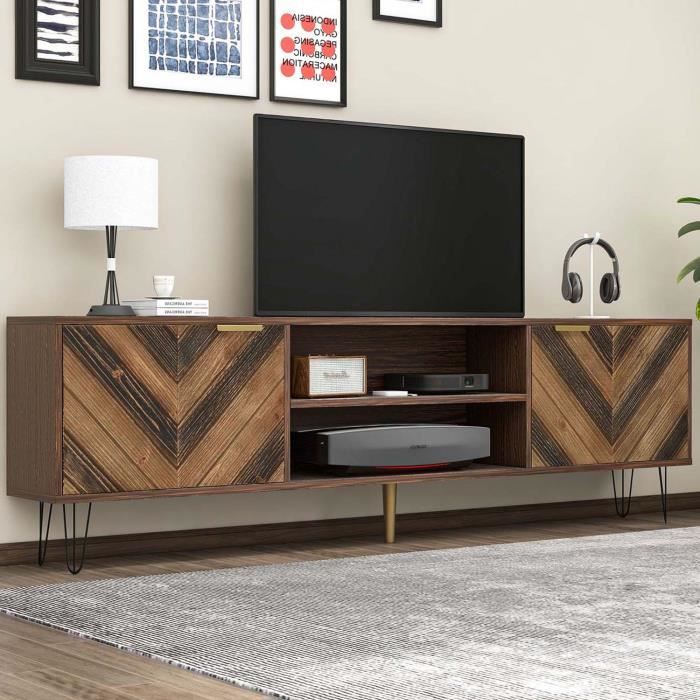 Meuble TV 160 cm style avec 2 compartiments et 2 portes en placage de bois massif Banc tv de Poignées dorées bois rétro