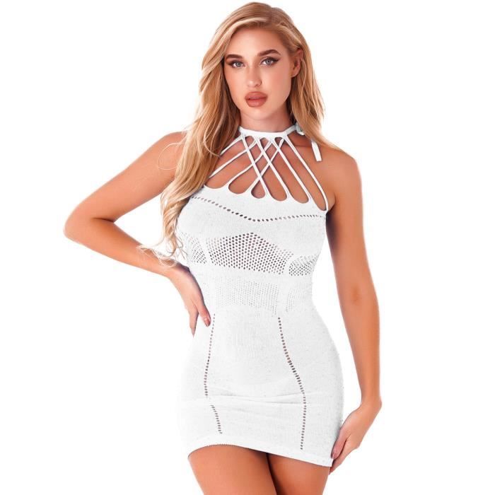 YONGHS Femme Mini Robe Transparente Sexy Courte Moulante Bodycon Strass Costume Clubwear Blanc Cdiscount Boutique Erotique
