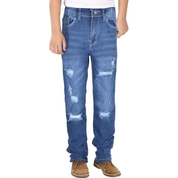 Jeans Coupe Droite 5-14 Ans Jeans KIDSCOOL SPACE Pour Filles 5-14 Ans - Coupe Droite, Délavé Léger, Taille élastique Côtelée - Bleu Clair Jeans Fille Extensible