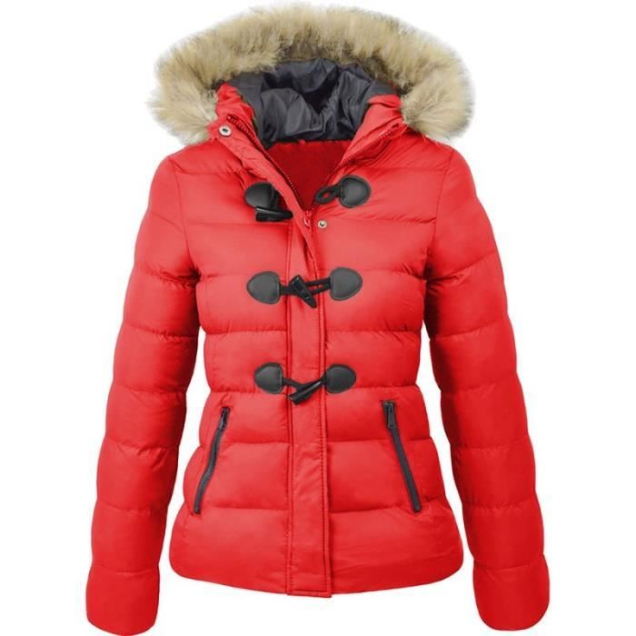 Doudoune femme,Doudoune à Capuche, Boutons en Corne Doudoune Chaude en Coton,Doudoune hiver pour Femmes (S-XXXL)-ROUGE