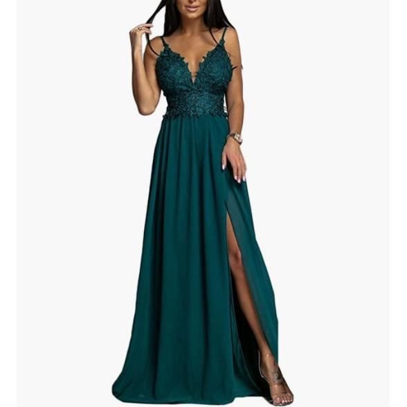 Robe de Soirée Femme Elegante Col en V Dentelle ALine sans Manches