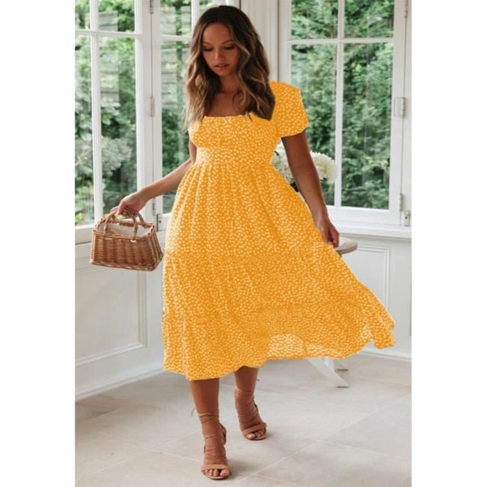 Wimsihal Robe D'été Femme Col Carré - Courte, Manches Courtes, Taille élastique - Polyester Doux - Pour Fête, Plage