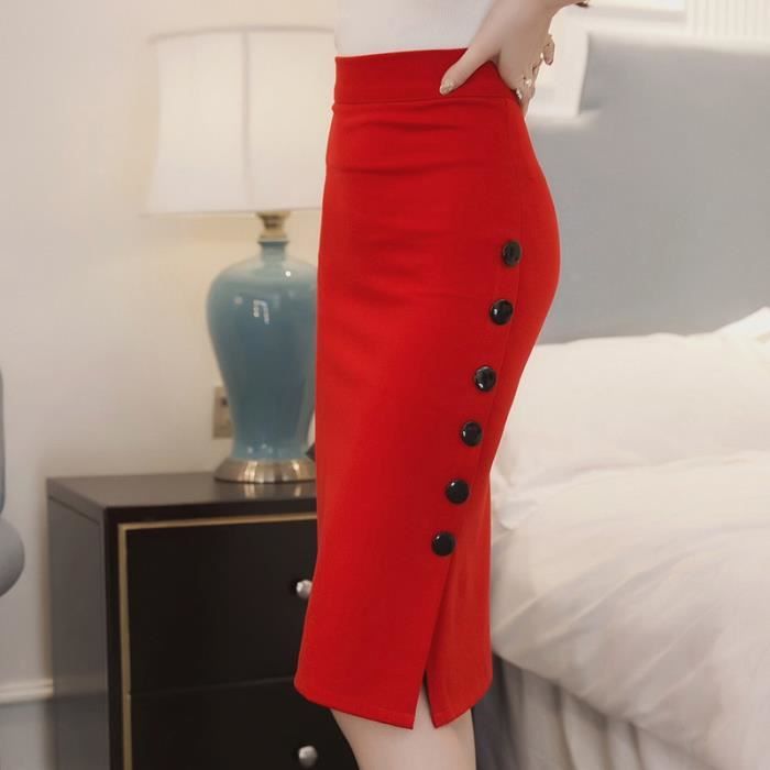 Jupe crayon taille haute pour femmes KJEHOME multiples boutons et fente rouge Rouge Cdiscount Pret a Porter