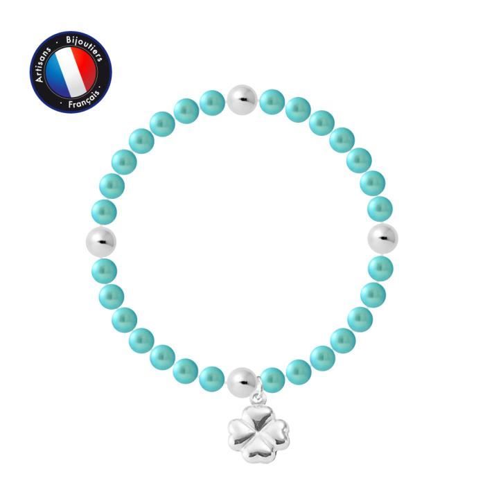 PERLINEA - Bracelet My Chance - Véritable Perle de Culture d'Eau Douce Ronde 5-6 mm Bleu Turquoise - Câble Elastiqué - Bijoux Femme