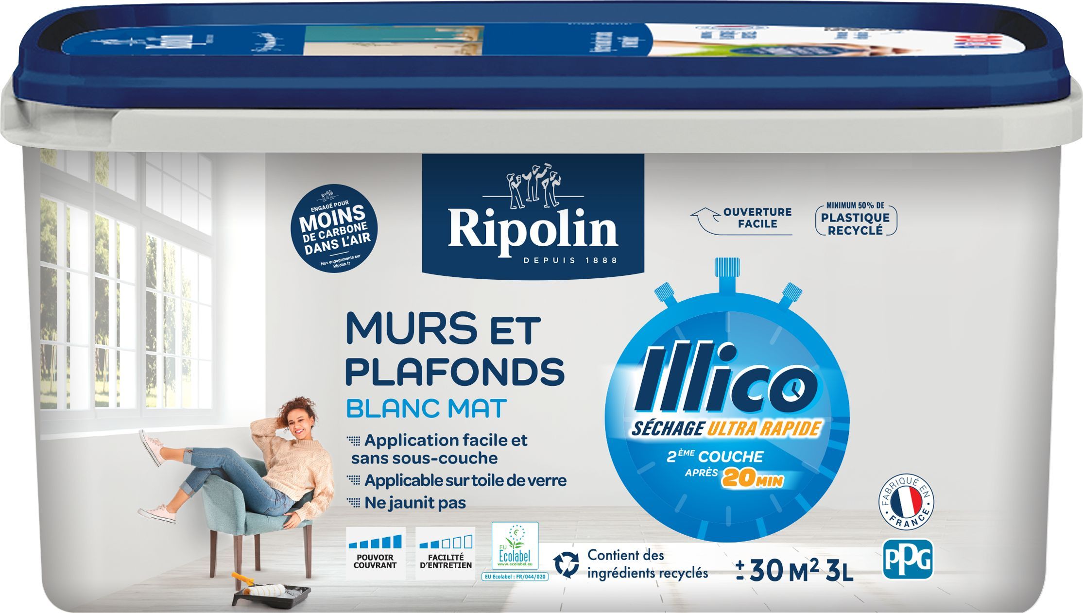 Ripolin Peinture murs et plafonds - Blanc - Mat - Illico - 3 L