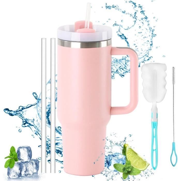 Mug Isotherme Avec Paille Et Poignée 1200ml - Acier Inoxydable Gris Clair - Boissons Chaudes Et Froides