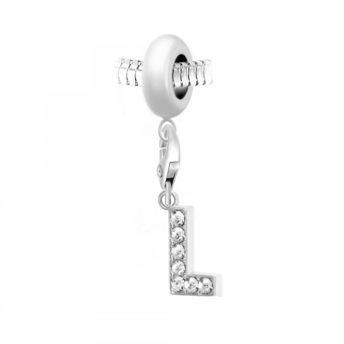 Charm perle porte pendentif - SO CHARM - Lettre L - Acier argenté - Cristaux Swarovski - Compatible Pandora
