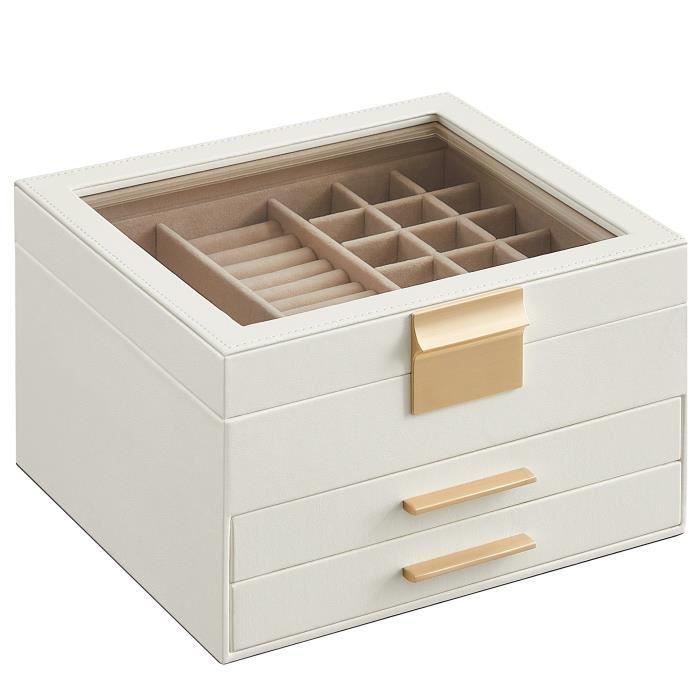 SONGMICS Boîte à Bijoux Écrin à accessoires 3 Niveaux Couvercle en Verre 2 Tiroirs Blanc Nuage et Doré 203 x 231 x 135 cm