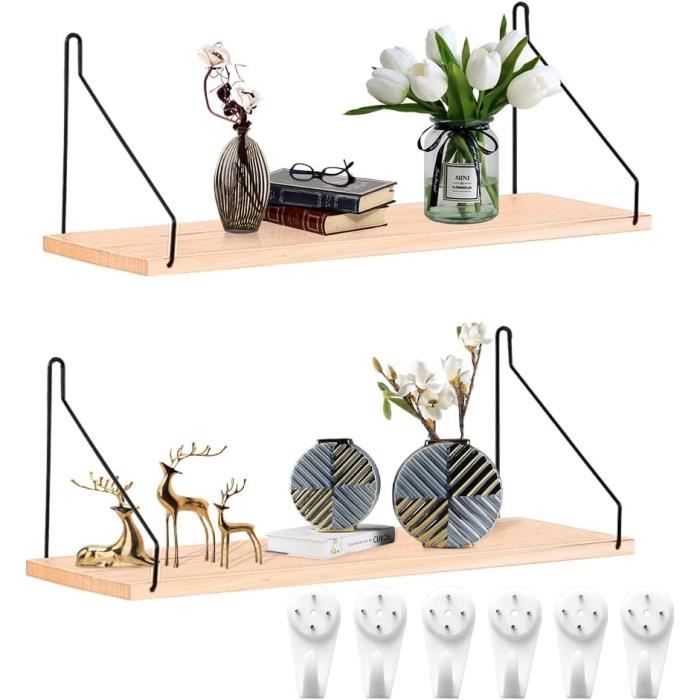 SAYAYO Lot De 2 Étagères Murales Rustiques Bois 40cm - Étagères Flottantes Suspendues Brun Clair Pour Cuisine, Chambre, Salon
