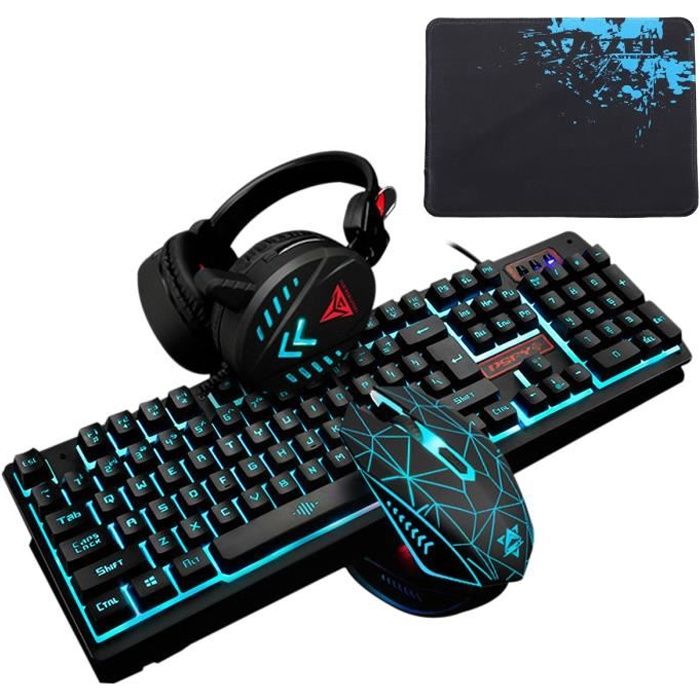 Pack Clavier Gamer Filaire QWERTY Eclairé LED Souris Casque Micro