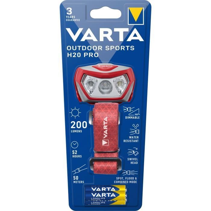 Frontale-VARTA-Outdoor Sports H20 Pro-200lm-Dimmable-IPX4-LED rouge-3 modes lumineux-Lumière blanche
