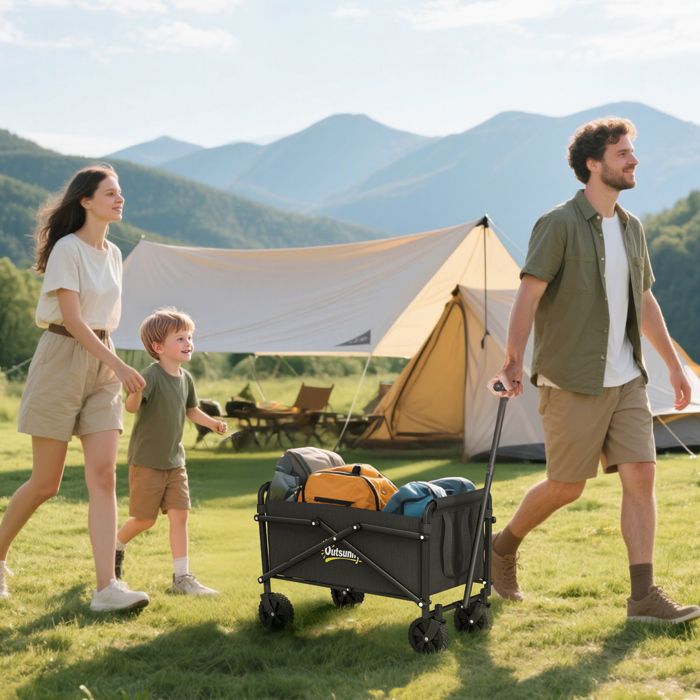 Outsunny Chariot à Roulettes Pliable 70kg - Chariot Transport Plage Camping Jardin - Gris Foncé