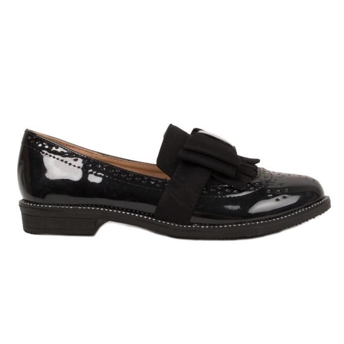 Mocassins Femme Vernis Style Derbies avec Noeud Su dine Noir