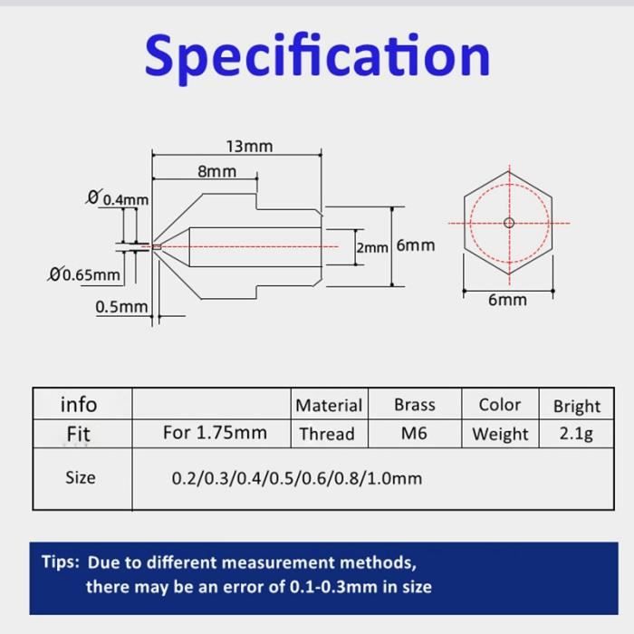 5 pièces MK8 buse 0.2mm 0.4mm 0.5mm 0.6mm 0.8mm 1.0mm imprimante 3D partie  extrudeuse M6 filetage buse en laiton - 0.8mm 3mm[B] - Cdiscount  Informatique