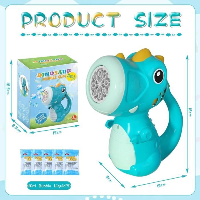 WSBDENLK Pistolet à Bulles, Machine à Bulles, Machine à Bulles Dinosaure Semi-Automatique, Souffleur, Jouet pour Enfants Pistolet à Bulles 250Ml, Machine à Bulles Dinosaure + 5 Liquides à Bulles Concentrés