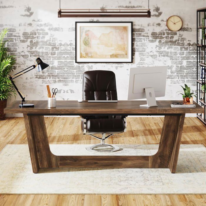 Bureau D'ordinateur Rustique 180 Cm Bois Et Métal - Grand Bureau Pour 2 Personnes - Bureau à Domicile, Gaming, étude