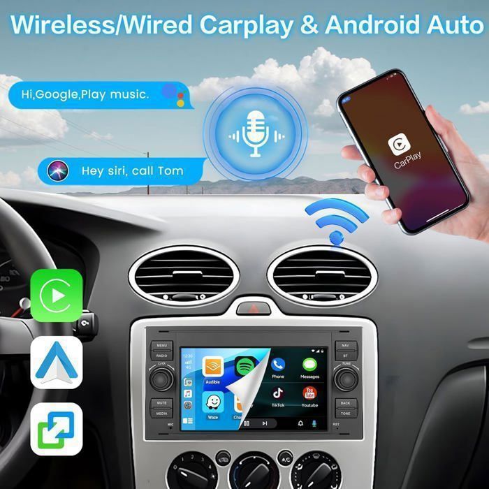 2+64G] Autoradio Android pour Ford Focus/Transit/C-Max/S-Max/Galaxy/Fusion/ Kuga/Mondeo/Connect avec Carplay & Android Auto - Radio à écran Tactile HD 7 Pouces avec WiFi GPS EQ SWC + Caméra de recul