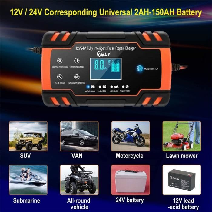 Chargeur Batterie Auto Voiture Moto 12V/24V 8A Intelligent Portable Écran  LCD FR - Accessoires divers (10975004)