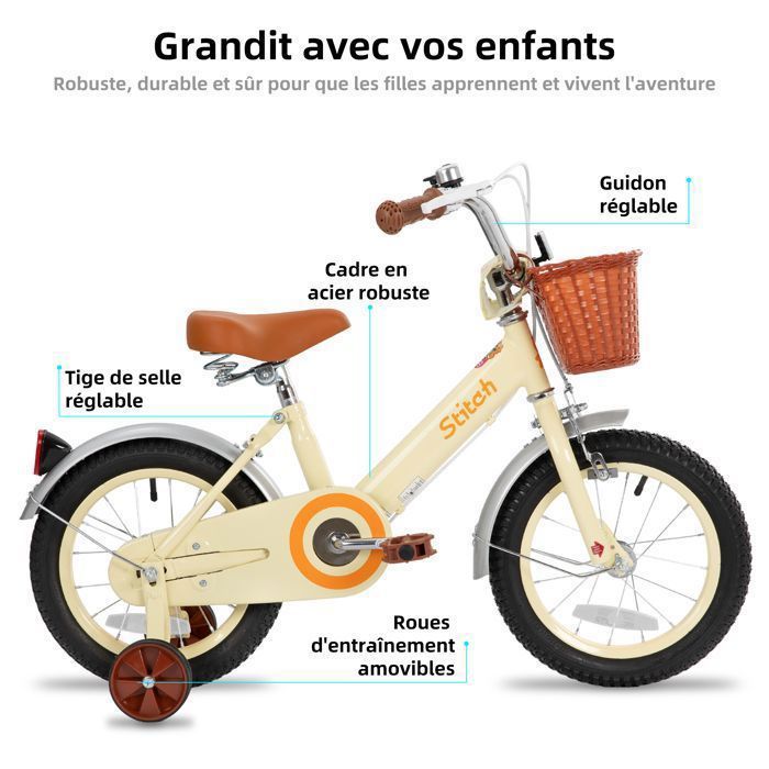 Vélo enfant - HILAND - 14 pouces - Roues d'entraînement lumineuses - Panier et bouteille inclus Vélo enfant - HILAND - 14 pouces - Roues d'entraînement lumineuses - Panier et bouteille inclus
