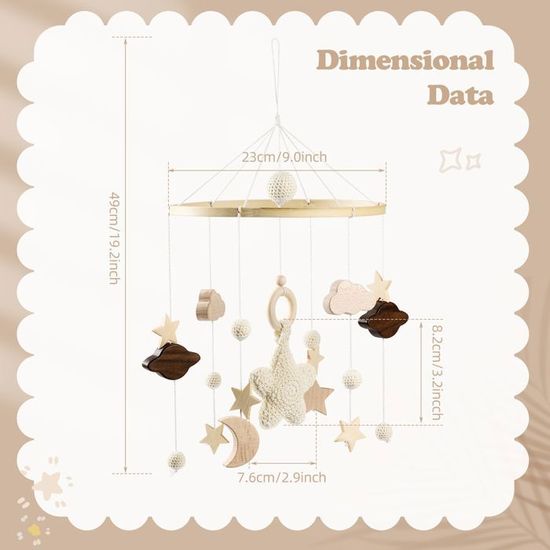GLITZFAS Mobile Carillon Éolien Pour Lit De Bébé - Bois Naturel, Boules En Feutre Et Nuages, Décoration Chambre Enfant Beige