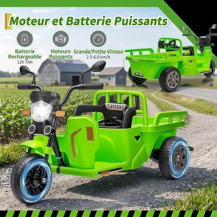 TUFSPRAX Tracteur Électrique pour Enfants 12V avec Remorque Amovible, Véhicule Agricole avec Télécommande 2.4G, 2 Moteurs, Musique, Phares LED, Jouet de Construction pour Garçons et Filles, Bleu
