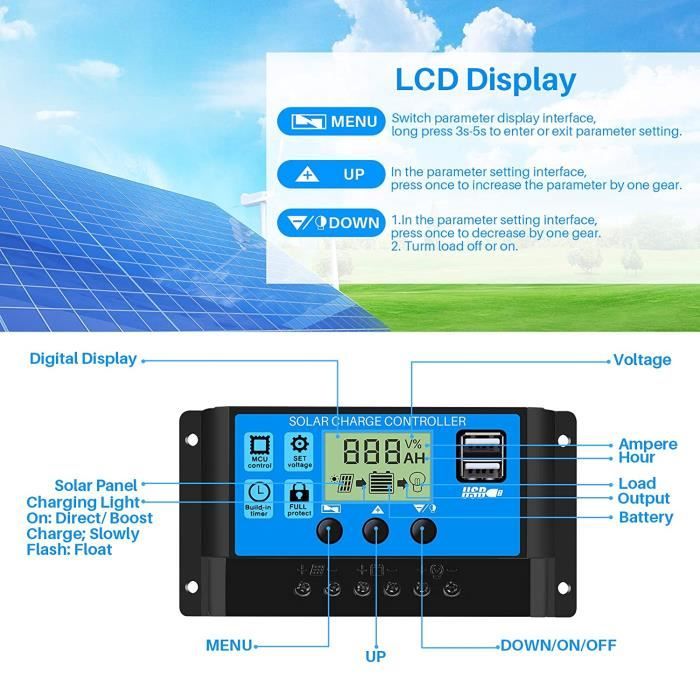 Régulateur De Charge Solaire MPPT 30A 12V/24V Avec écran LCD Et Port USB