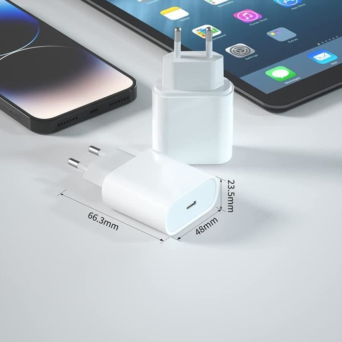 Chargeur Rapide USB-C 20W 2 Pack - Compatible IPhone 16/15/14, IPad, Samsung Galaxy, Google Pixel