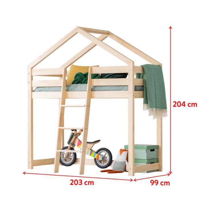 Lit mezzanine cabane en bois - DALIDDA - 90x190 cm - échelle de côté du  meuble - Conforama