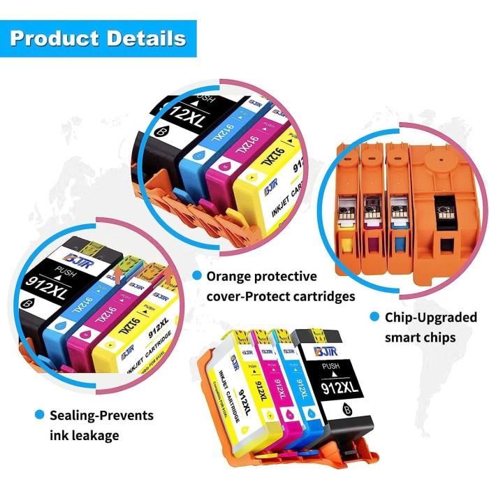 Pack De 4 Cartouches D'encre HP 912 – Cyan, Jaune, Magenta, Noir (originales, Neuves)