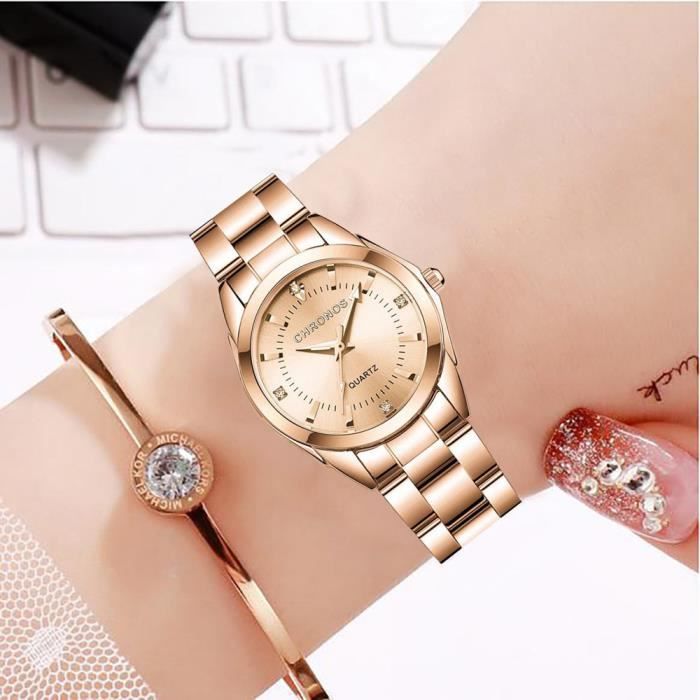 Montre quartz pour Femme Etanche Acier Or Rose Cadeau de