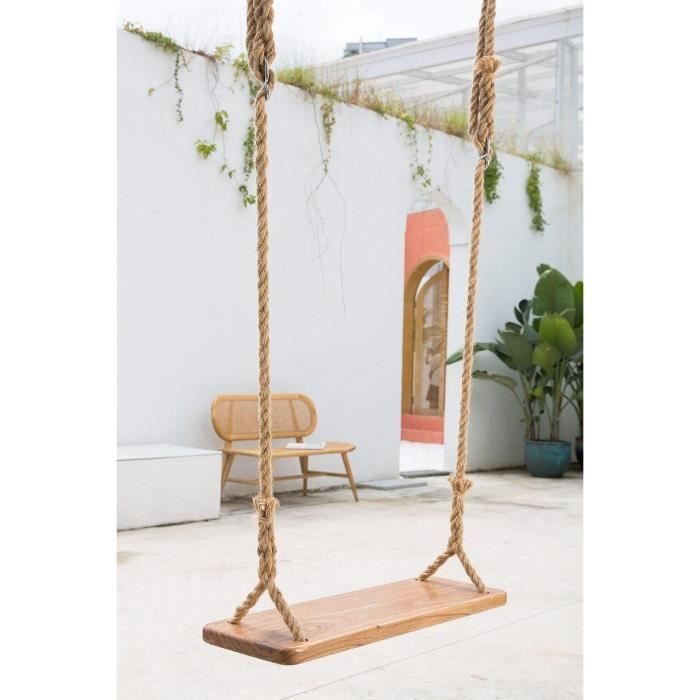 Balançoire En Bois Naturel Morwealth - Siège Réglable Corde Jute 200cm - Supporte 200kg - Jardin Extérieur
