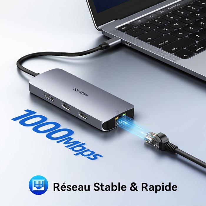 Station D'accueil USB-C 8-en-1 - HDMI 4K, DisplayPort, Ethernet, Charge 100W, Pour PC Portable