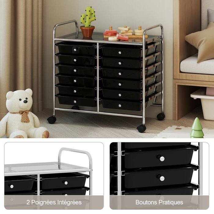 Chariot Rangement 12 Tiroirs GOPLUS - Tour Mobile Avec Roulettes Pour Bureau, Chambre Ou Cuisine, Noir
