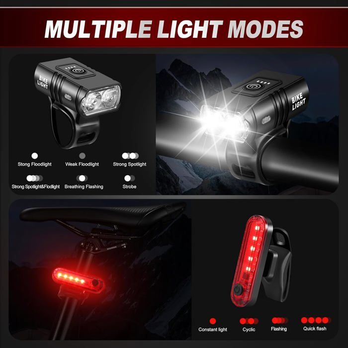 Kit éclairage Vélo LED Rechargeable USB – Lampe Avant 1000mAh + Arrière 320mAh, IP65 étanche, 3+6 Modes – Pour Nuit, Ville Et VTT
