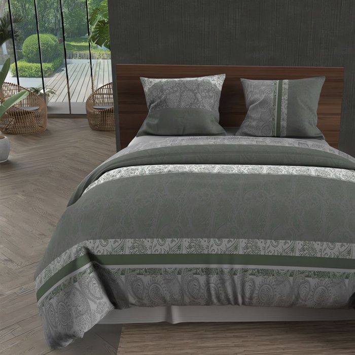 Parure De Lit 120x150 Cm Savane Vert - Housse De Couette Et Taie 100% Coton 57 Fils/cm²