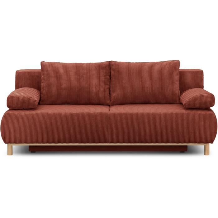 Canapé convertible - 3 places - MIKA - Velours côtelé terracotta - Coffre de rangement - L 192 x H 84 x P 93 cm