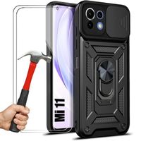 Coque pour Xiaomi Mi 11 Noir Rigide Antichoc Anneau Arrière Bordure Renforcé + 2 Verres Trempés