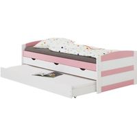 Lit gigogne en pin - IDIMEX - JESSY - Bois massif - Blanc/Rose - 3 tiroirs - Couchage 90 x 200 cm