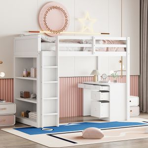 SOMMIER Lit mezzanine 90 x 200 cm avec armoires de rangement et table d'ordinateur,lit mezzanine enfant multifonctionnel en bois blanc
