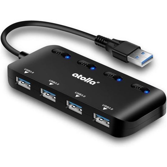 Hub USB Atolla hub usb 3. 0 alimenté, hub usb à 4 ports multiprise avec  commutateurs individuels marche/arrêt - adaptateur d'alimentation  inclus