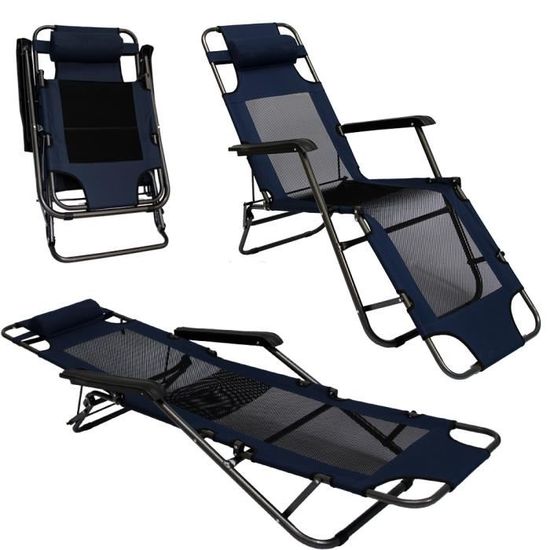 Chaise Longue Pliable pour camping et jardin | Transat Inclinables avec repose-tête | couleur bleu foncé | Structure en acier | P...