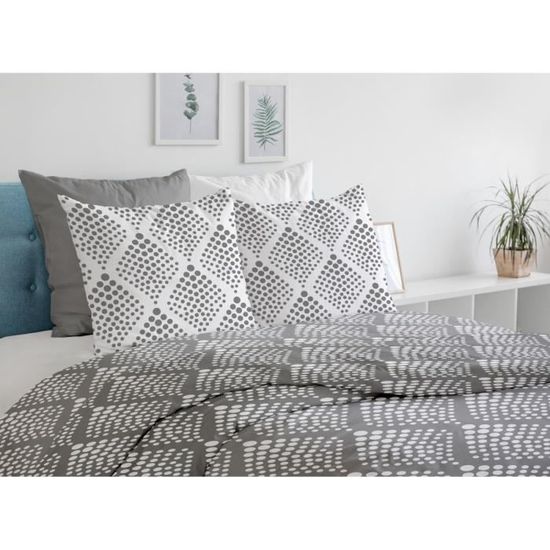 Parure De Draps 160x200 Alpes Blanc Chalet Winter Gris 4 Pièces - Coton Doux Esprit Montagne Pour Lit 2 Places