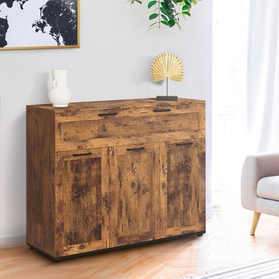 Buffet 100cm VITO IDMarket - 3 Portes + 1 Tiroir - Noir Et Plateau Bois - Rangement Salon